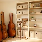 Coin musique lumineux avec étuis, supports, hygromètre et rangements soigneusement organisés.