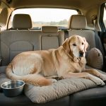 Voyager en voiture avec un chien âgé sans épuiser son séjour Chien âgé confortablement installé sur une couverture à l’arrière d’une voiture pendant un voyage paisible à la campagne.