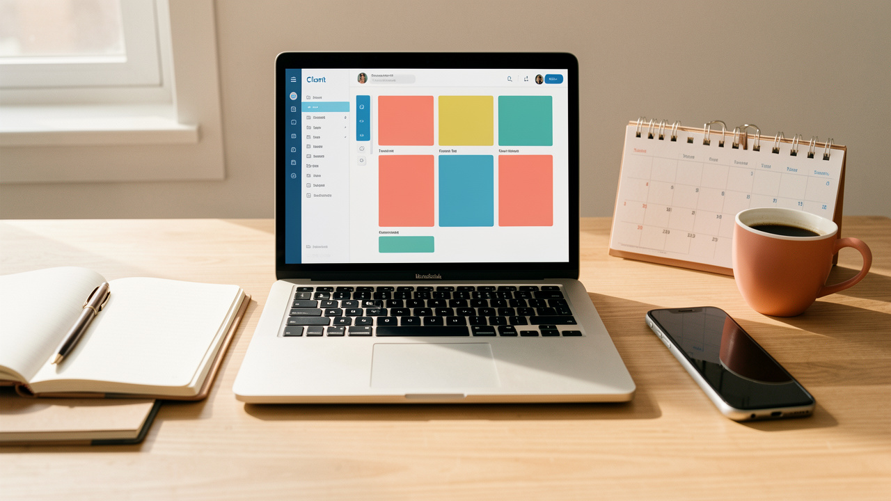 Espace de travail d’un indépendant avec un ordinateur affichant un tableau visuel de gestion client, un carnet, un calendrier et un smartphone.