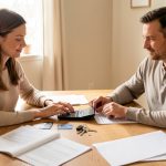 Gérer un compte joint après une séparation sans bloquer les charges communes Une femme et un homme organisent calmement les finances communes d’un logement autour d’une table, avec une calculatrice, deux cartes bancaires et des clés.