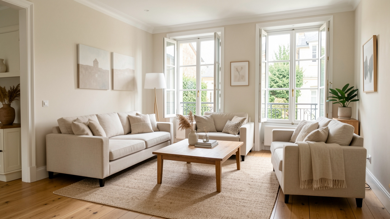 Salon lumineux et soigneusement rangé d’une maison française en vente, avec mobilier sobre, parquet clair et grandes fenêtres ouvertes.
